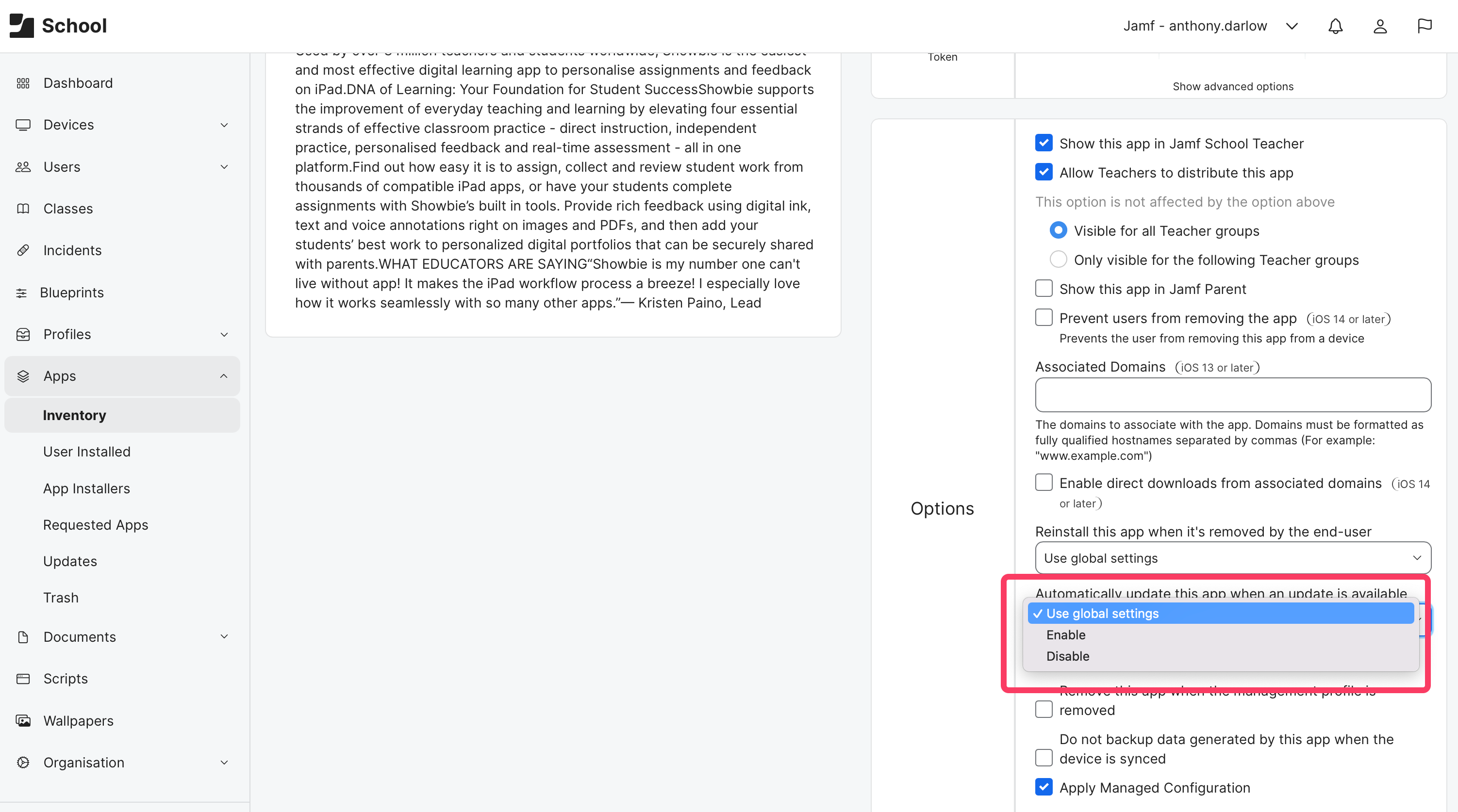 Force Location example in the general settings of the console