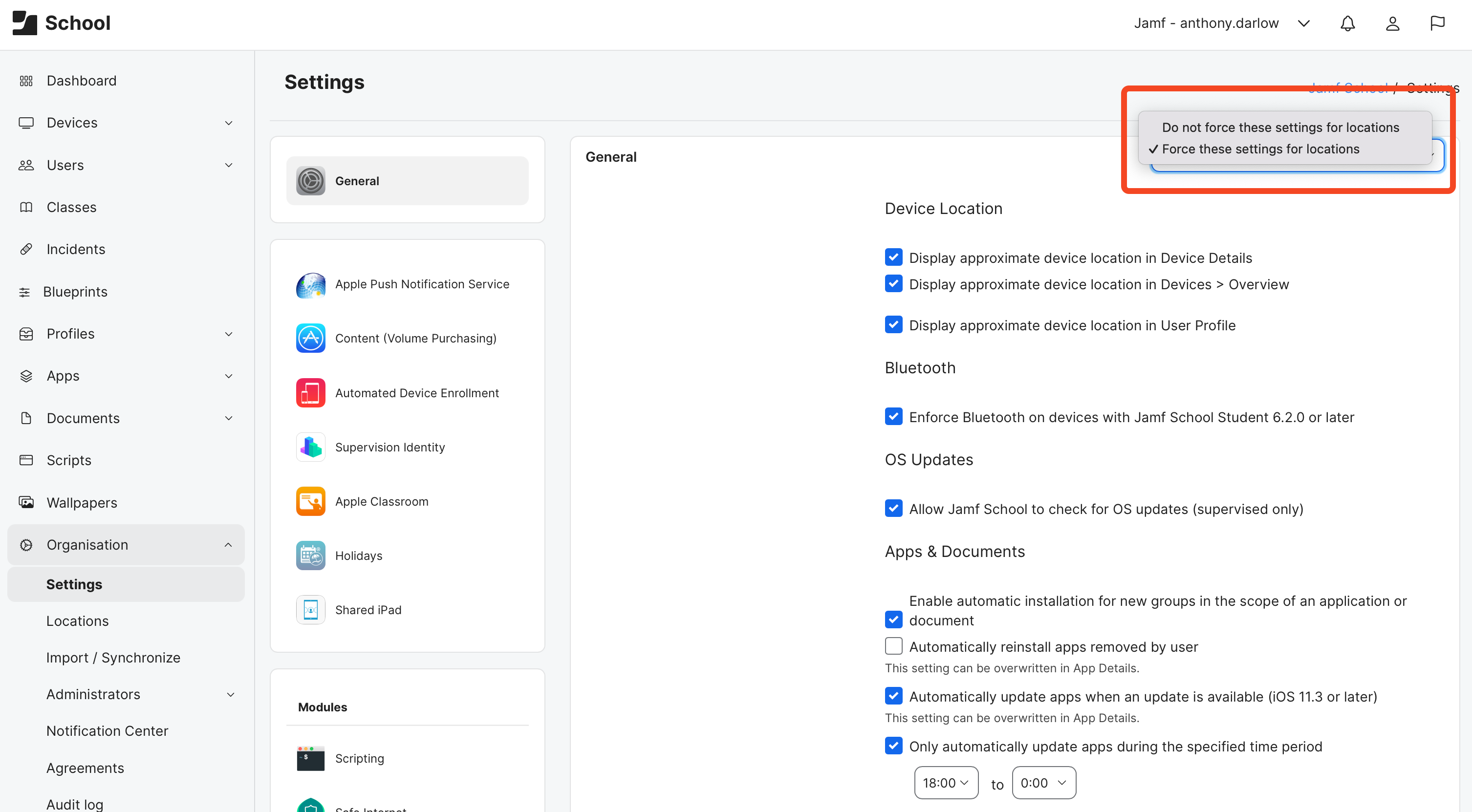 Force Location example in the general settings of the console