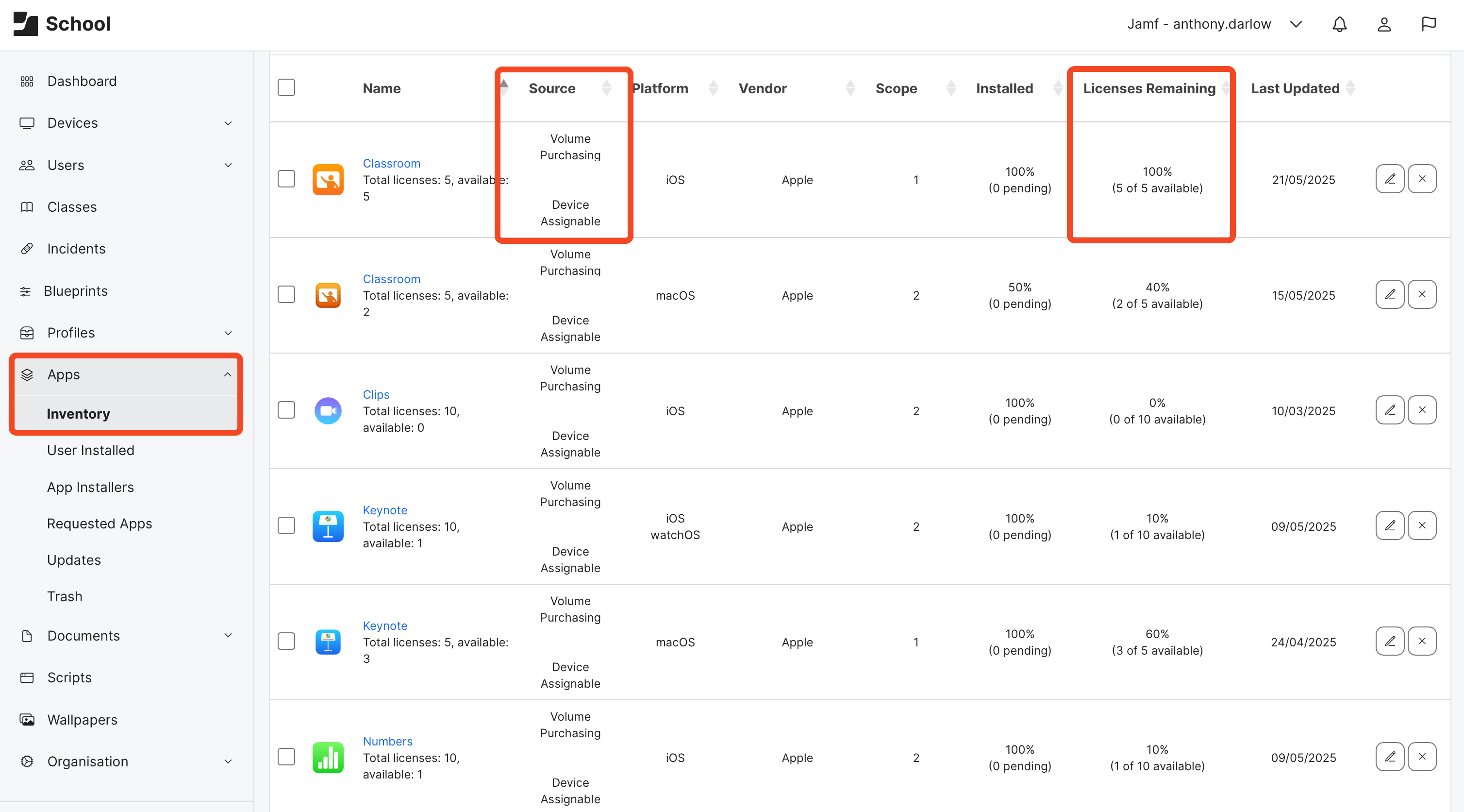 App Inventory in Jamf School Console