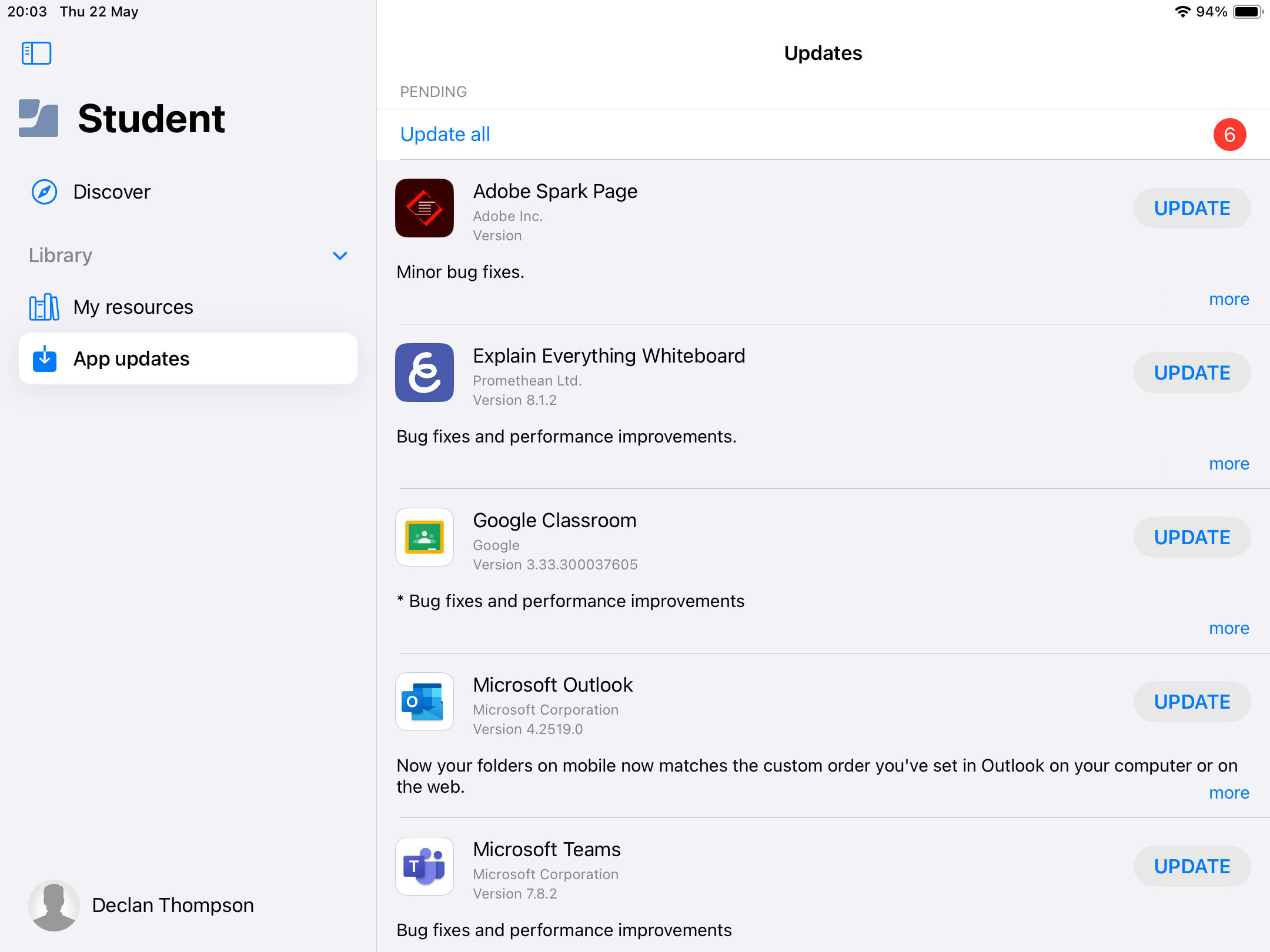 Jamf Student App Updates Menu